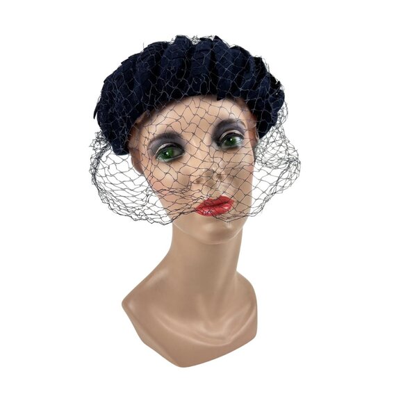 Vintage 50s Navy Hat Blue Veil Wool Scaled Calot Starling main image 6